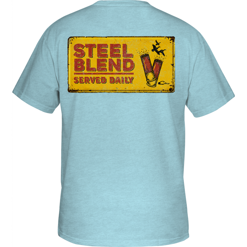 Steel Blend T-Shirt featuring a distressed metal sign with graphic shot shells on the back, part of Drake Waterfowl’s Logo Series.