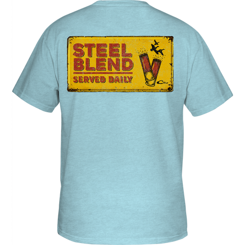 Steel Blend T-Shirt featuring a distressed metal sign with graphic shot shells on the back, part of Drake Waterfowl’s Logo Series.