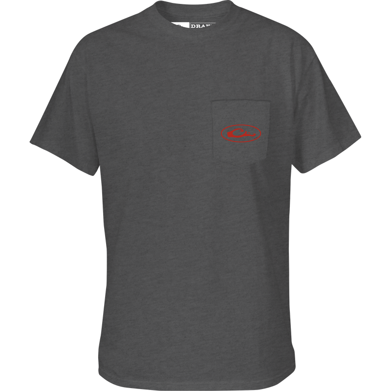 Steel Blend T-Shirt featuring a red Drake logo on the front pocket, crafted from a soft cotton-polyester blend for comfort and durability.
