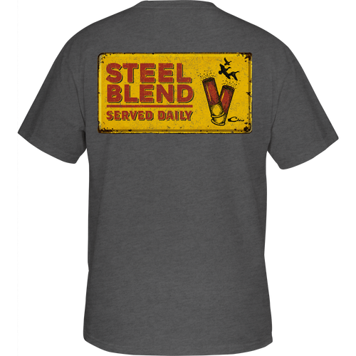 Steel Blend T-Shirt showcasing a yellow distressed metal sign with shells on the back, part of Drake Waterfowl's Graphic Tee series.