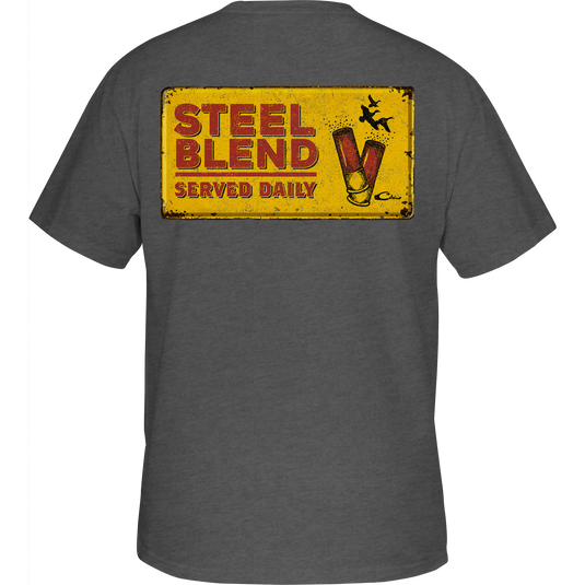 Steel Blend T-Shirt showcasing a yellow distressed metal sign with shells on the back, part of Drake Waterfowl's Graphic Tee series.