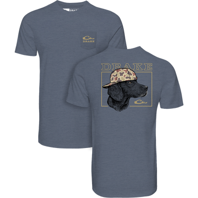 Back Cap Lab T-Shirt by Lifestyle in Flint Stone features a front logo and a back illustration of a black dog in a camo hat, framed in yellow. Made from lightweight cotton polyester for comfort and style.