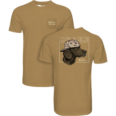Lifestyle Back Cap Lab T-Shirt in Honey Mustard: front pocket features the Drake logo; back displays a white-outlined dog in a camo cap with DRAKE above.