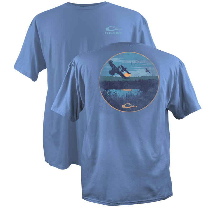 Marsh Scenic Cotton T-Shirt showcasing front logo and back wetland sunset graphic with flying waterfowl, blending lightweight comfort and durability with a 60/40 cotton-polyester mix.