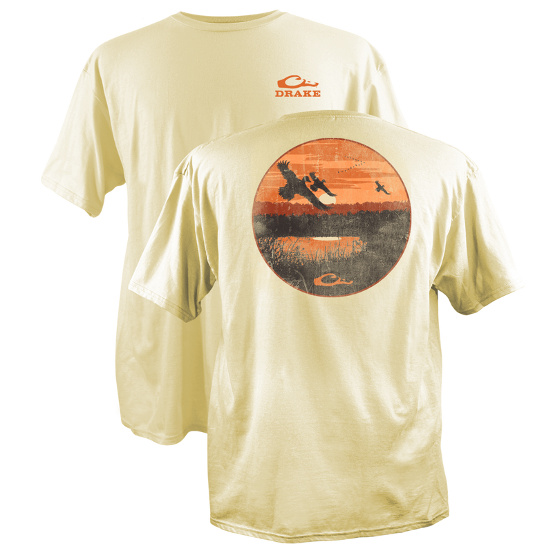 Marsh Scenic Cotton T-Shirt; front logo, back sunset graphic with waterfowl, crafted from durable 60% cotton, 40% polyester blend for lightweight comfort.