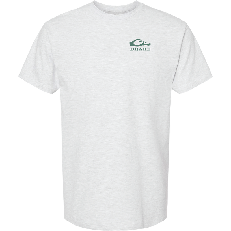 Mallard Blind Scene T-Shirt featuring a small green swoosh and DRAKE logo on left chest, crafted from 100% cotton for comfort.