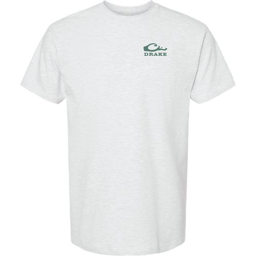 Mallard Blind Scene T-Shirt featuring a small green swoosh and DRAKE logo on left chest, crafted from 100% cotton for comfort.
