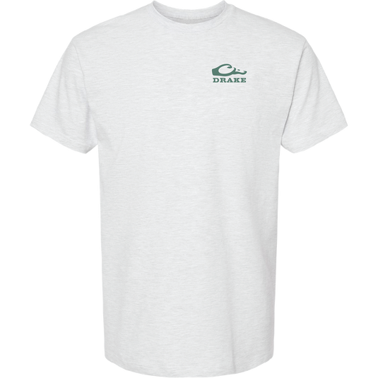 Mallard Blind Scene T-Shirt featuring a small green swoosh and DRAKE logo on left chest, crafted from 100% cotton for comfort.