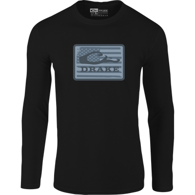 Graphic Work Long Sleeve T-Shirt by Sale in black, featuring a gray and blue American flag with duck silhouette and logo on the chest. Made from a comfortable cotton-polyester blend.