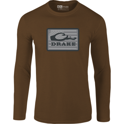 Graphic Work Long Sleeve T-Shirt by Sale in Golden Pecan Dark Heather, featuring a rectangular duck logo with an American flag background and bold DRAKE lettering on a comfy cotton-polyester blend.