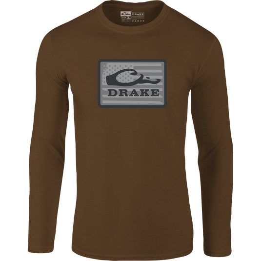 Graphic Work Long Sleeve T-Shirt by Sale in Golden Pecan Dark Heather, featuring a rectangular duck logo with an American flag background and bold DRAKE lettering on a comfy cotton-polyester blend.