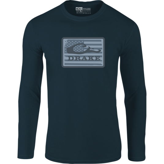Orion Blue Graphic Work Long Sleeve T-Shirt by Sale features a chest patch with a grayscale American flag, duck logo, and DRAKE text. Made of cotton-polyester blend for comfort and style.