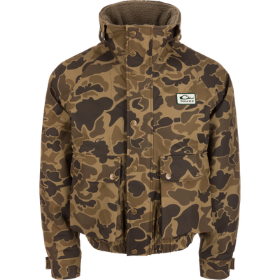 Throwback 80 Insulated Sport Bomber Jacket with camouflage pattern, high collar, snap-front, and “Drake” logo patch, featuring flap pockets and zoned insulation for warmth.
