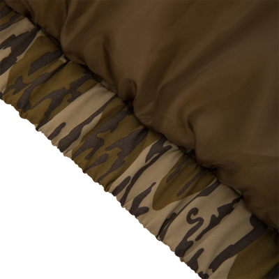 Throwback 80 Sport 3-in-1 Jacket, featuring quilted olive-brown fabric with camo trim, showcases durability and warmth, ideal for outdoor adventures.