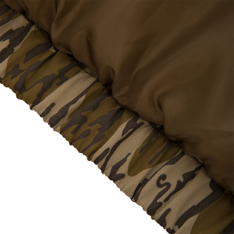 Throwback 80 Sport 3-in-1 Jacket, featuring quilted olive-brown fabric with camo trim, showcases durability and warmth, ideal for outdoor adventures.