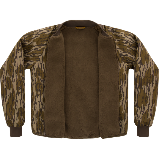 Throwback 80 Sport 3-in-1 Jacket with camo pattern, fleece-lined for warmth, featuring removable hood, large pockets, and waterproof, windproof outer shell.
