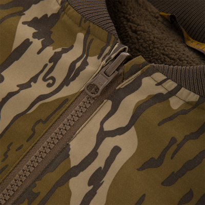 Close-up of Throwback 80 Sport 3-in-1 Jacket featuring tiger-stripe camo, YKK zipper, rib-knit collar, and fleece lining for warmth and weather protection.