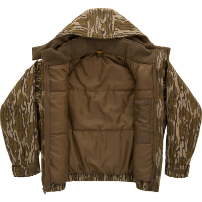 Throwback 80 Sport 3-in-1 Jacket featuring a camouflage pattern, quilted brown lining, fleecy hood, and interior zip-pocket, designed for all-weather outdoor adventures.