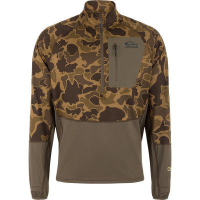 The EST Offset 1.0 Half Zip Pullover by Waterfowl in Old School Sport features a high collar, chest pocket, long sleeves, olive details, Drake logo, and built-in UPF30 for outdoor comfort.