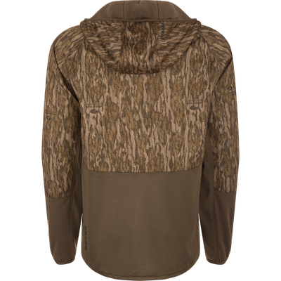 MST Offset 2.0 Half Zip Hoodie, featuring a Mossy Oak Bottomland camo upper and olive-brown lower, designed for comfort and functionality with multiple pockets.