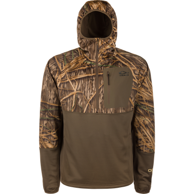 The Waterfowl MST Offset 2.0 Half Zip Hoodie in Mossy Oak Original Shadow Grass offers UPF50, moisture-wicking fabric, a chest pocket, and features grass camo on top with a solid brown bottom.