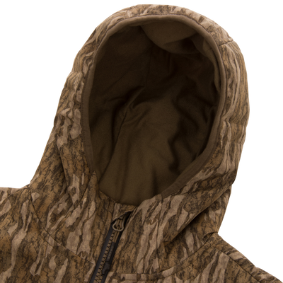 LST BMF Jacket with Primaloft, showcasing a camo-patterned ripstop outer shell, fleece-lined hood, and zip-front with drawcord, designed for versatile hunting conditions.