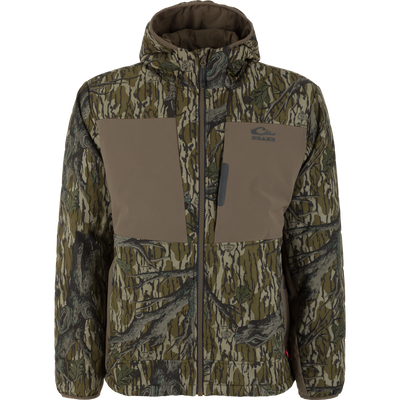 The Waterfowl LST BMF Jacket with Primaloft is a lightweight, water-resistant camo jacket featuring Primaloft insulation, zip-up front, two front pockets, chest logo, and forest pattern for stealth and comfort.