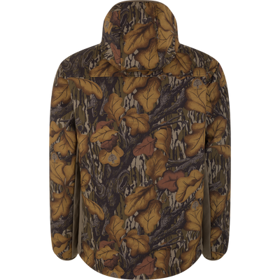 Back view of a Drake X Ducks Unlimited LST BMF Jacket with Primaloft in a brown and green leaf camouflage pattern, featuring a hooded design.