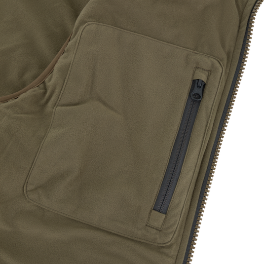 Olive green Drake X Ducks Unlimited LST BMF Vest with Primaloft waterfowl hunting vest featuring a vertical zippered chest pocket and a full-length front zipper.