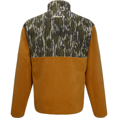Back view of Drake Camp Fleece Limited Edition Snap Pullover, featuring camouflage yoke with DRAKE embroidery, tan fleece body, and open side pockets.