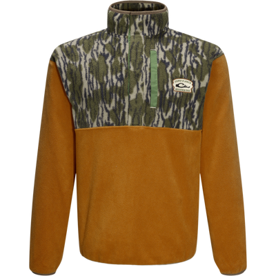 Camp Fleece Limited Edition Snap Pullover with camo-patterned chest, warm brown body, and Camp Fleece Greenwing patch, featuring open pockets and a half-zip placket.