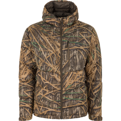A hooded, zip-up BMF Down Jacket by Waterfowl in Mossy Oak Original Shadow Grass camouflage, shown against a white background—perfect insulated outerwear for any hunting jacket collection.