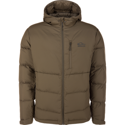BMF Down Jacket on a mannequin, showcasing its quilted design, chest pocket, full-length zipper, and molded hood, highlighting its functionality for demanding hunting conditions.