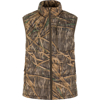 Sleeveless, zip-front BMF Drake Down Vest in camouflage, featuring a padded collar and chest pocket; designed for warmth and mobility in hunting conditions.