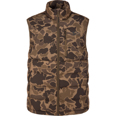 BMF Drake Down Vest, sleeveless quilted puffer with camo pattern, features high collar, zippered chest pocket, designed for layering in hunting conditions.