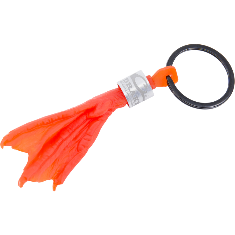 Duck Foot Key Chain with key ring, orange connector, and branded silver band, featuring a red-orange bag dispenser for hunters and outdoor enthusiasts.