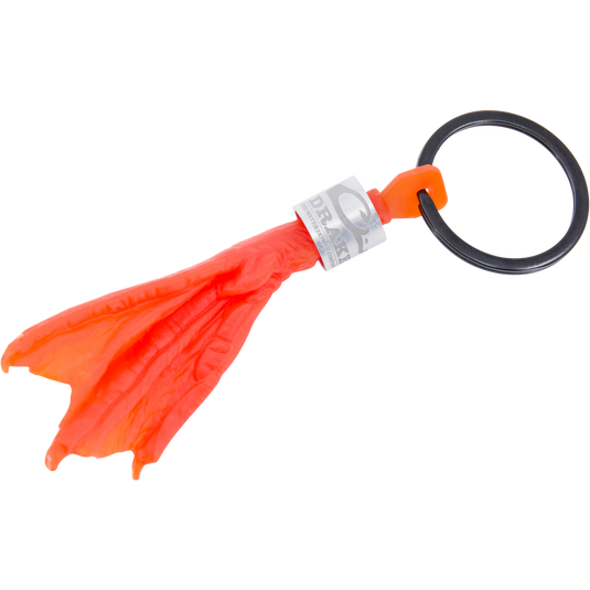 Duck Foot Key Chain with key ring, orange connector, and branded silver band, featuring a red-orange bag dispenser for hunters and outdoor enthusiasts.