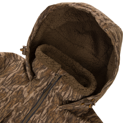 LST BMF Eqwader Full Zip with Primaloft jacket, features camouflage design, sherpa-lined hood, front zipper, and draw-cord toggles for outdoor weather protection and comfort.