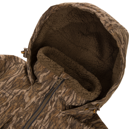 LST BMF Eqwader Full Zip with Primaloft jacket, features camouflage design, sherpa-lined hood, front zipper, and draw-cord toggles for outdoor weather protection and comfort.