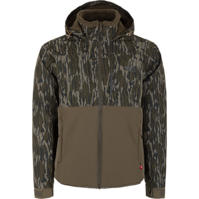 The Waterfowl LST BMF Eqwader Full Zip Jacket with Primaloft features camo print, olive-green panels, a hood, and front zipper—perfect for outdoor adventures. Shown on a plain white background.