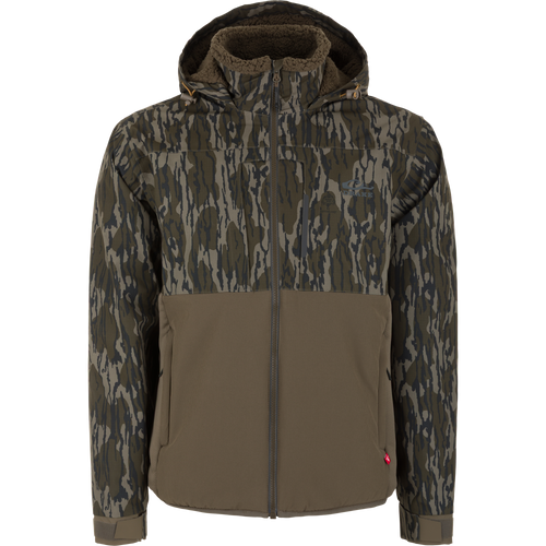 The Waterfowl LST BMF Eqwader Full Zip Jacket with Primaloft features camo print, olive-green panels, a hood, and front zipper—perfect for outdoor adventures. Shown on a plain white background.
