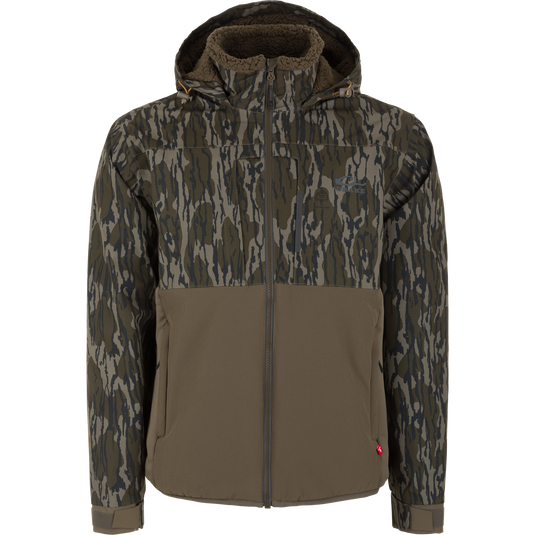 The Waterfowl LST BMF Eqwader Full Zip Jacket with Primaloft features camo print, olive-green panels, a hood, and front zipper—perfect for outdoor adventures. Shown on a plain white background.