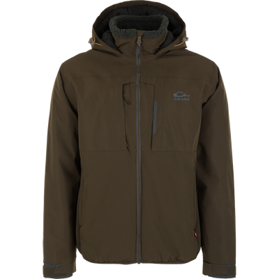 Stay warm outdoors in the Waterfowl LST BMF Eqwader Full Zip Jacket with Primaloft—features a dark olive green color, zip front, chest and side pockets, fuzzy black hood lining, adjustable cuffs, and logo on the left chest.