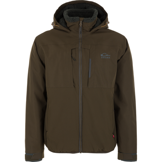 Stay warm outdoors in the Waterfowl LST BMF Eqwader Full Zip Jacket with Primaloft—features a dark olive green color, zip front, chest and side pockets, fuzzy black hood lining, adjustable cuffs, and logo on the left chest.