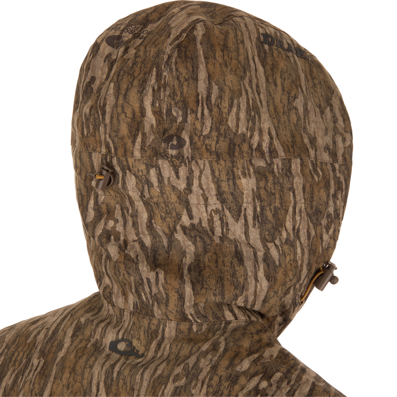 Back view of LST BMF Eqwader Half Zip Jacket in tree bark camo, showcasing hood with cinch-cord toggles and subtle branding.