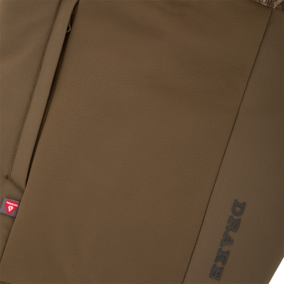 LST BMF Eqwader Half Zip Jacket with Primaloft, showcasing a brown soft-shell with camo lining, vertical seam pocket, and embossed PRAXE branding.