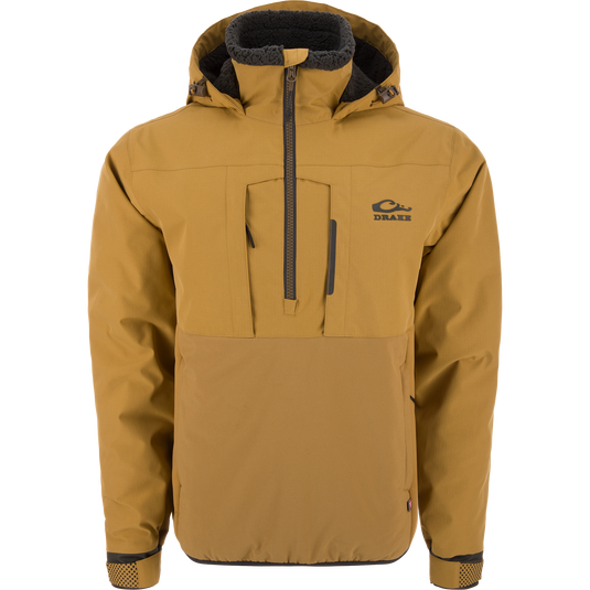 LST BMF Eqwader Half Zip Jacket with Primaloft, featuring a hood with sherpa fleece lining, quarter zip, and zippered chest pocket displaying the Drake logo.