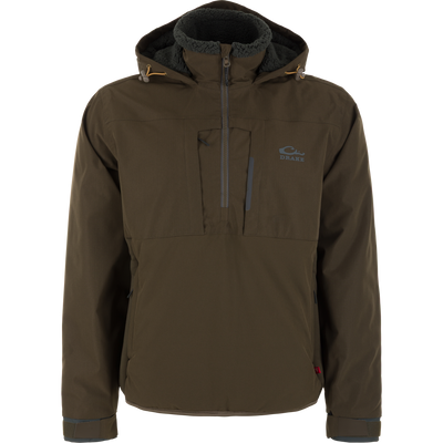 The LST BMF Eqwader Half Zip Jacket with Primaloft by Waterfowl in Green Timber features a hood, ripstop upper, zip chest and side pockets, high collar, soft lining, left chest logo, and adjustable cuffs. White background.