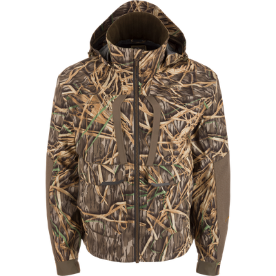 The Waterfowl LST BMF Pit Jacket is a waterproof ripstop jacket in Mossy Oak Original Shadow Grass, featuring a hooded camo design, front zipper, and two vertical chest pockets for durability outdoors.