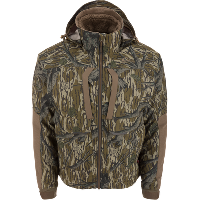 LST BMF 3-in-1 Pit Jacket with Primaloft; camo-patterned, hooded jacket featuring reinforced elbows, multiple pockets, and sherpa-lined hood, designed for durability and warmth in outdoor conditions.